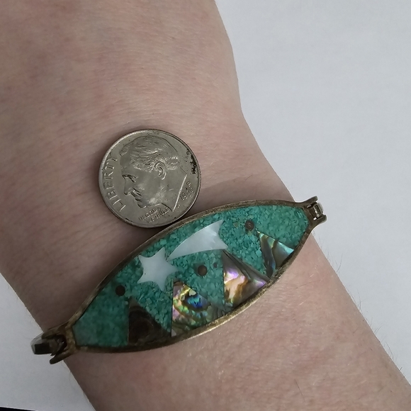 Vintage mountain scene bracelet shooting star silver tone crushed turquoise - Picture 2 of 16